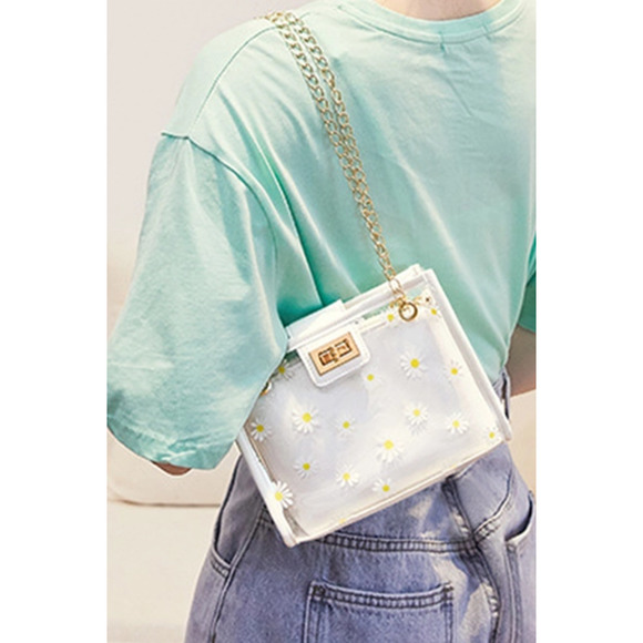 Mini Floral Daisy Transparent Square Crossbody Bag with Inner Pouch Black - Picture 5 of 5